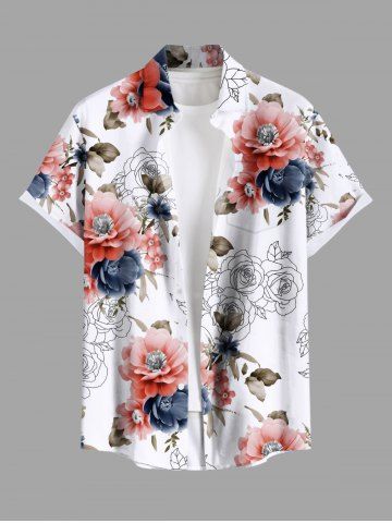 Plus Size Two Tone Flower Leaf Print Hawaii Button Pocket Shirt For Men