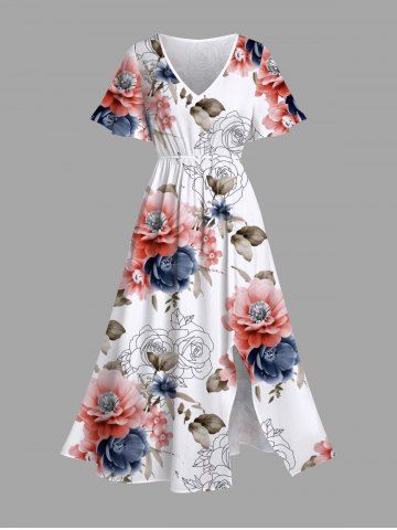 Robe mi-longue hawaïenne bicolore à imprimé floral et feuilles, grande taille, avec poches fendues - WHITE - 6X