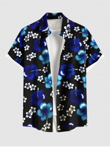 Plus Size Ombre Hibiscus Floral Print Hawaii Button Pocket Shirt For Men