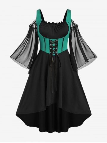 Plus Size Lace Up Cold Shoulder Flare Sleeves High Low Ruched Renaissance Corset Dress - GREEN - L | US 12