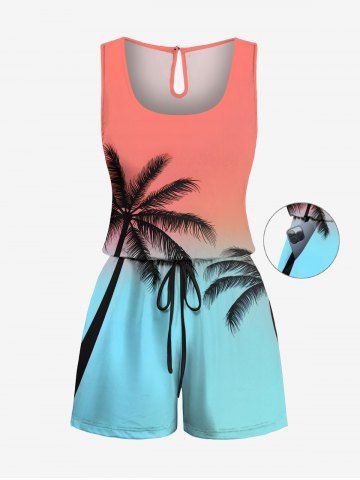 Plus Size Coconut Tree Ombre Colorblock Print Cinched Hawaii Romper - RED - 3X