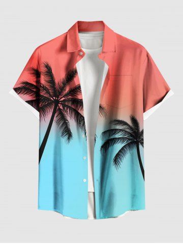 Plus Size Coconut Tree Ombre Colorblock Print Buttons Pocket Hawaii Shirt For Men - LIGHT PINK - S