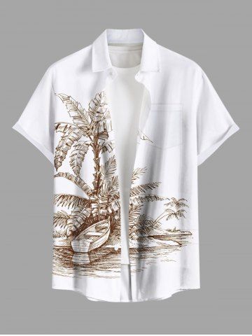 Plus Size Coconut Tree Sea Sailboat Print Hawaii Button Pocket Shirt For Men - WHITE - 4XL