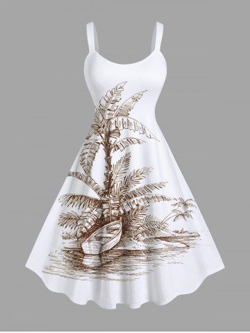 Plus Size Coconut Tree Sea Sailboat Print Hawaii A Line Tank Dress - WHITE - M