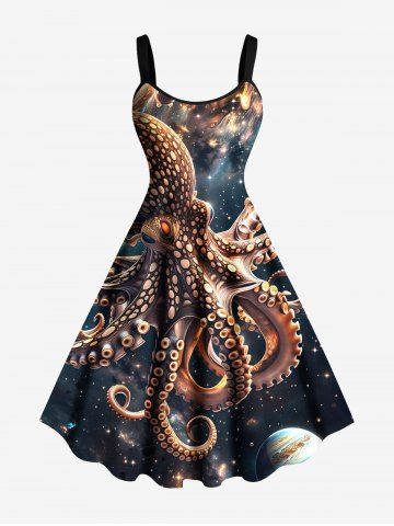 Plus Size Octopus Planet Galaxy Print Hawaii A Line Tank Dress