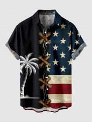 Chemise grande taille à lacets et imprimé 3D avec boutons et poche pour homme, motif drapeau américain patriotique et cocotier - Noir L