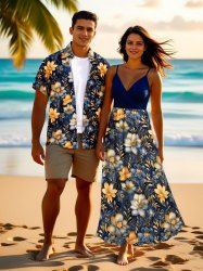 Tenue de plage hawaïenne assortie grande taille à imprimé fleurs et feuilles pour couples - Bleu profond 