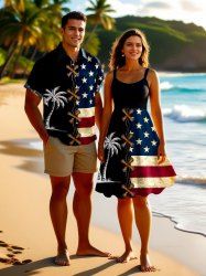 Patriotic American Flag Coconut Tree Lace Up 3D Print Plus Size Matching Outfit For Couples -  
