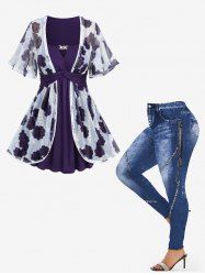 Ensemble 2 en 1 haut en maille jacquard brodé et leggings à lacets en denim 3D, grande taille - Pourpre  