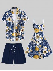 Tenue de plage hawaïenne assortie grande taille à imprimé feuilles tropicales et fleurs d'hibiscus pour couples - Bleu 