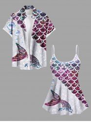 Maillot de bain grande taille à imprimé écailles de poisson et bulles, motif ombré pailleté, tenue de plage hawaïenne assortie pour couples - Pourpre  