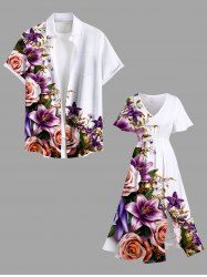 Tenue de plage hawaïenne assortie grande taille à imprimé fleurs et feuilles pour couples - Pourpre  