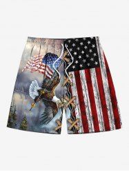 Plus Size 3D Lace Up Patriotic American Flag Eagle Print Drawstring Pocket Beach Shorts For Men -  
