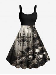 Plus Size Distressed Skull Rose Flower Chandelier Print Ombre A Line Tank Dress -  