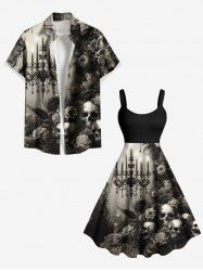 Distressed Skull Rose Flower Chandelier Print Plus Size Matching Outfit For Couples -  