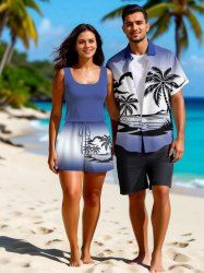 Tenue de plage hawaïenne assortie grande taille pour couple, motif cocotier, nuage, soleil, paysage marin, imprimé ombré - Bleu 