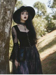 Gothic Flare Sleeve Floral Lace Panel Ruched Bust Hook and Eye Top -  