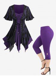 Lace-up Asymmetrical 2 In 1 Top and Hollow Out Braided Capri Leggings Plus Size Outfit -  