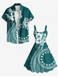 Foulard imprimé fleurs d'hibiscus et étoiles, grande taille, tenue de plage hawaïenne assortie pour couples - Vert profond 
