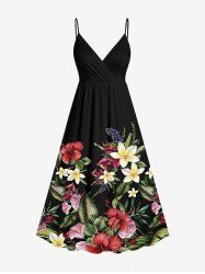 Plus Size Hibiscus Flower Leaf Tropical Print Surplice Hawaii Cami Dress -  