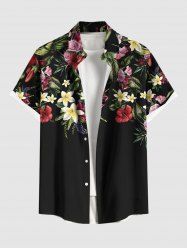 Plus Size Hibiscus Flower Leaf Tropical Print Buttons Pocket Hawaii Shirt For Men -  