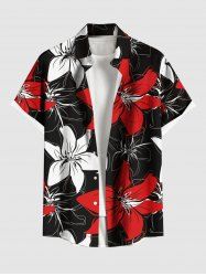 Plus Size Hibiscus Flower Print Buttons Pocket Hawaii Shirt For Men -  