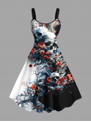 Plus Size Skulls Rose Flower Print Hawaii Tank Dress -  