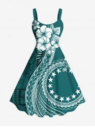 Robe débardeur hawaïenne grande taille à imprimé foulard, fleurs d'hibiscus et étoiles - Vert profond S