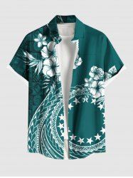 Plus Size Hibiscus Flowers Stars Scarf Print Buttons Pocket Hawaii Shirt For Men -  