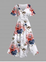 Plus Size Two Tone Flower Leaf Print Hawaii Split Pocket A Line Midi Dress -  