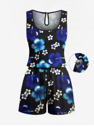 Plus Size Ombre Hibiscus Flower Print Hawaii Drawstring Pocket Romper -  