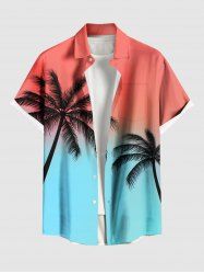 Plus Size Coconut Tree Ombre Colorblock Print Buttons Pocket Hawaii Shirt For Men -  