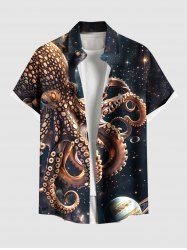 Plus Size Octopus Planet Galaxy Print Hawaii Button Pocket Shirt For Men -  