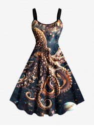 Robe débardeur trapèze hawaïenne grande taille à imprimé poulpe, planète et galaxie - Bleu profond 6X