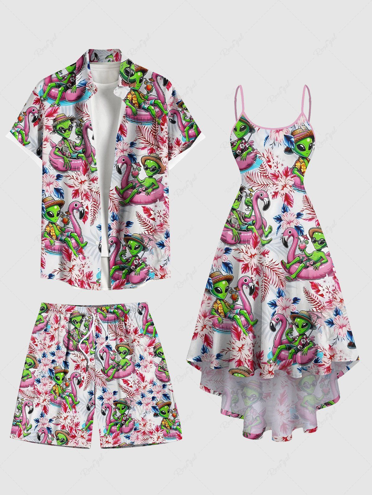 Best Flamingo Alien Tropical Leaf Flower Print Plus Size Matching Hawaii Beach Outfit For Couples  