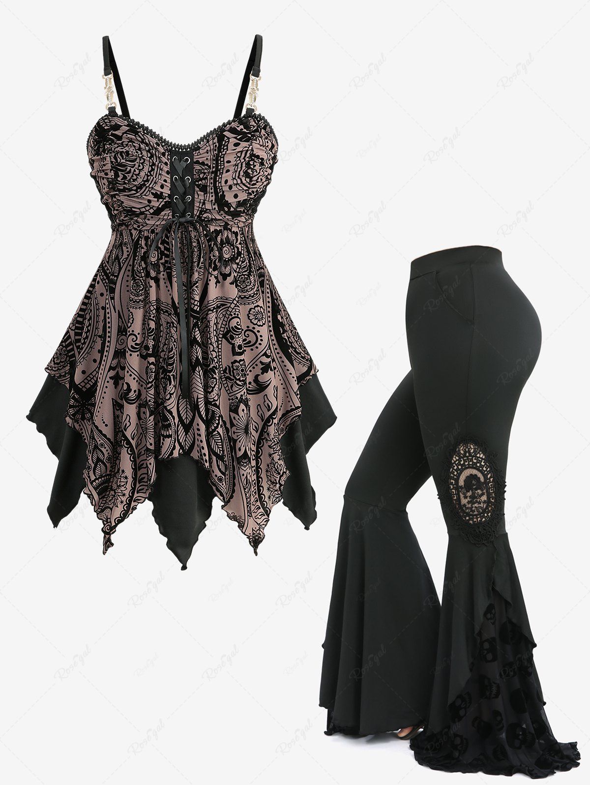 Latest Floral Flocking Lace Up Cami Top and Skulls Mesh Appliques Flare Pants Plus Size Outfit  