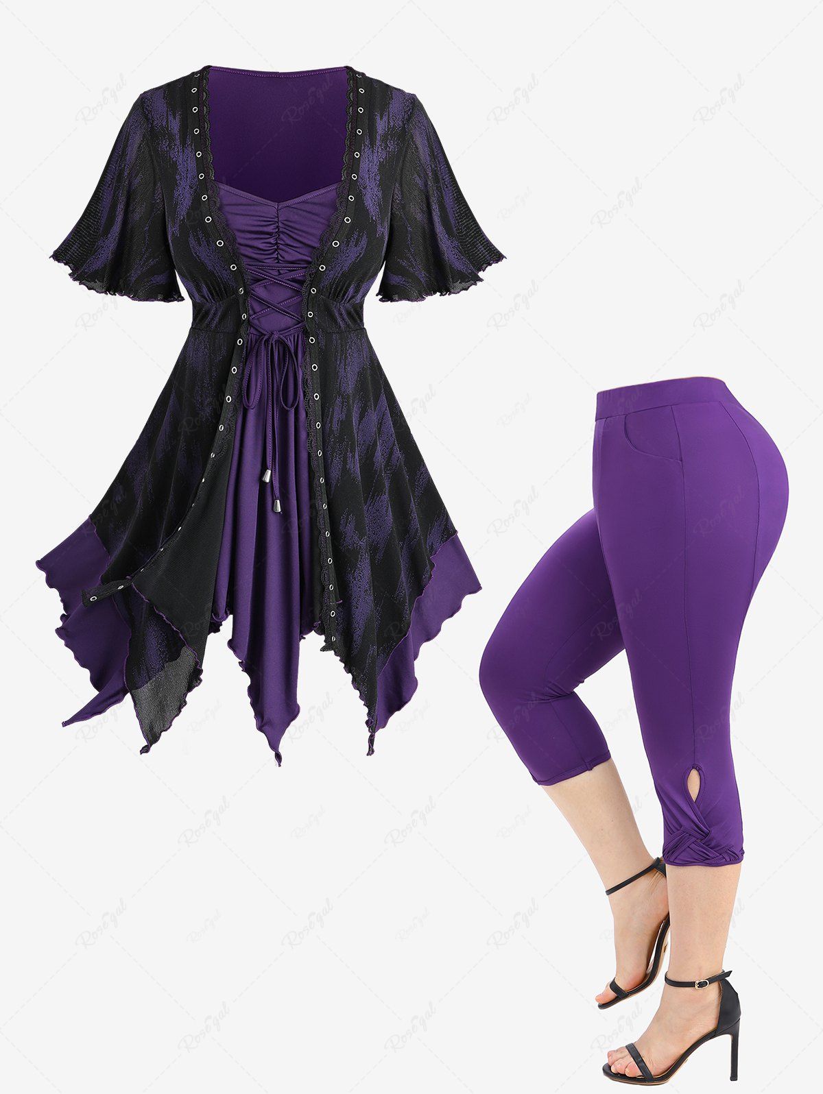 Online Lace-up Asymmetrical 2 In 1 Top and Hollow Out Braided Capri Leggings Plus Size Outfit  