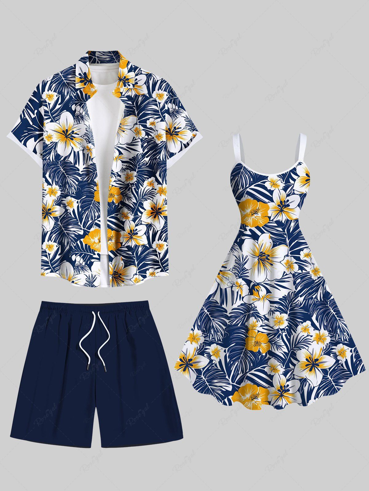 Tenue de plage hawaïenne assortie grande taille à imprimé feuilles tropicales et fleurs d'hibiscus pour couples Bleu 
