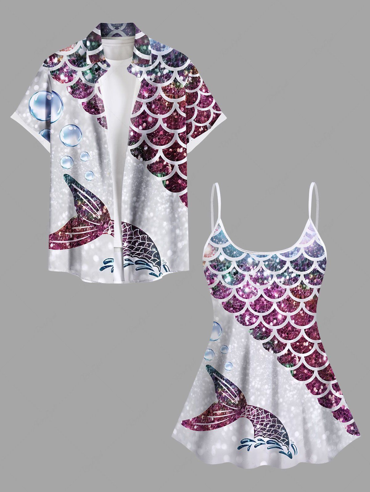 Maillot de bain grande taille à imprimé écailles de poisson et bulles, motif ombré pailleté, tenue de plage hawaïenne assortie pour couples Pourpre  