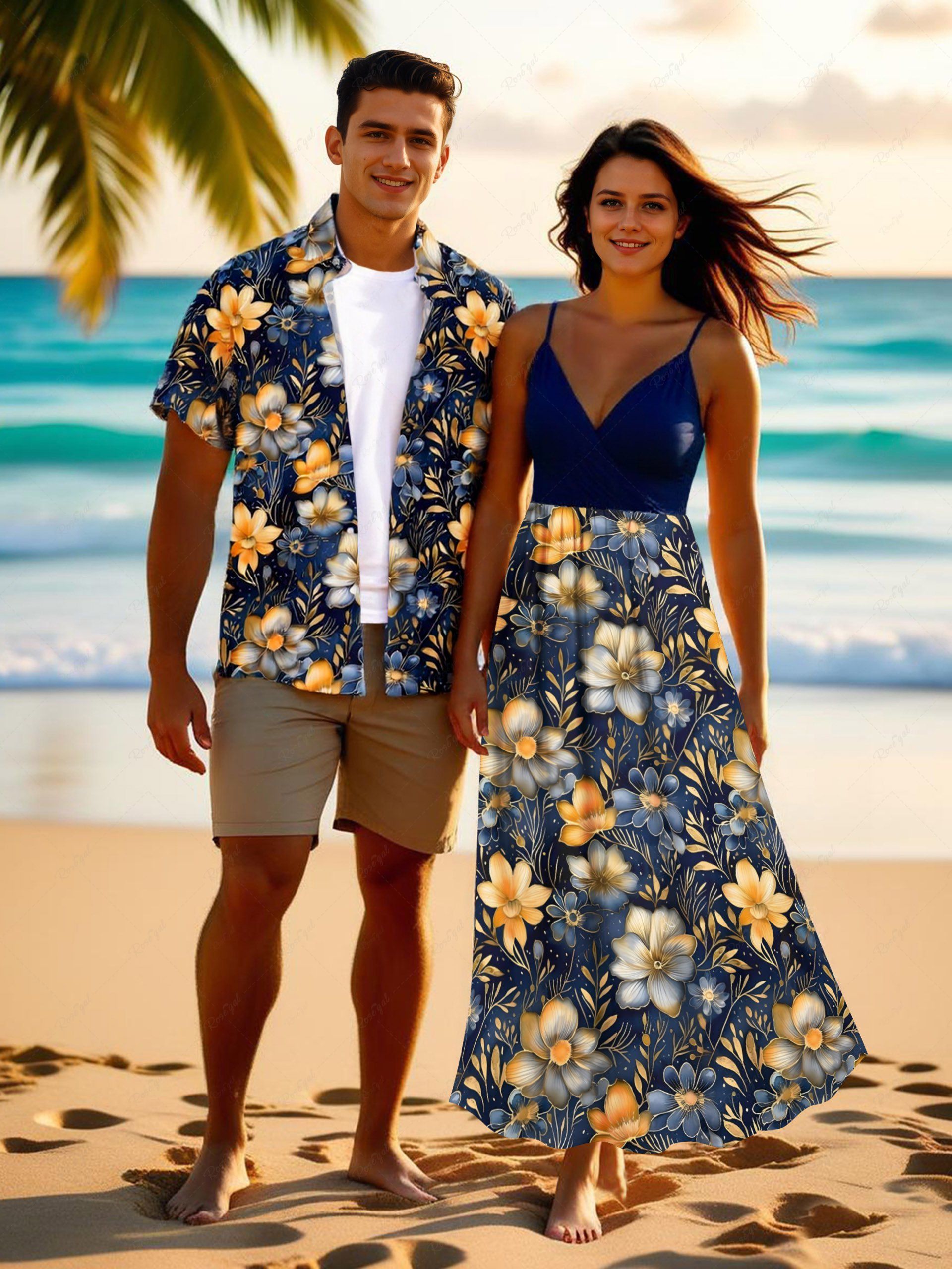 Tenue de plage hawaïenne assortie grande taille à imprimé fleurs et feuilles pour couples Bleu profond 