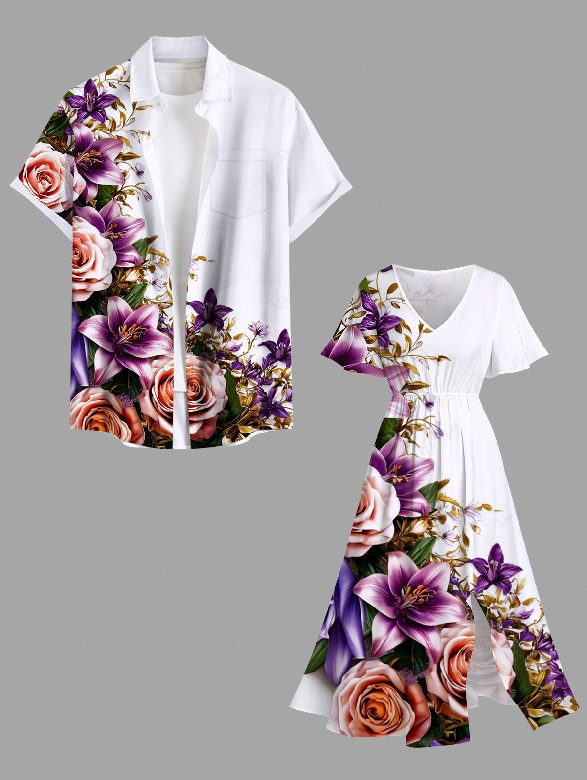 Tenue de plage hawaïenne assortie grande taille à imprimé fleurs et feuilles pour couples Pourpre  