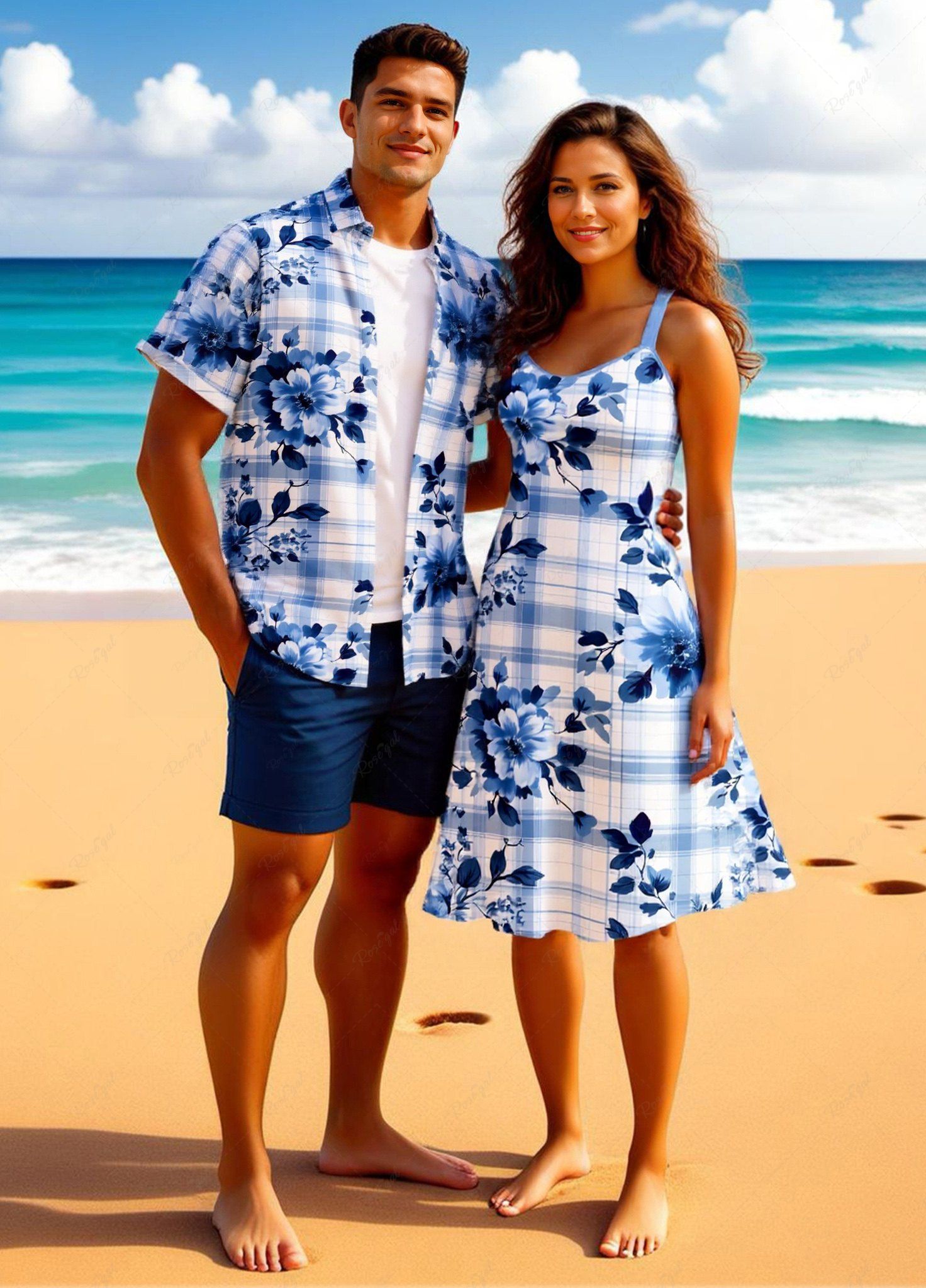 Tenue de plage hawaïenne assortie grande taille à imprimé écossais et fleurs de pivoine pour couples Bleu clair 