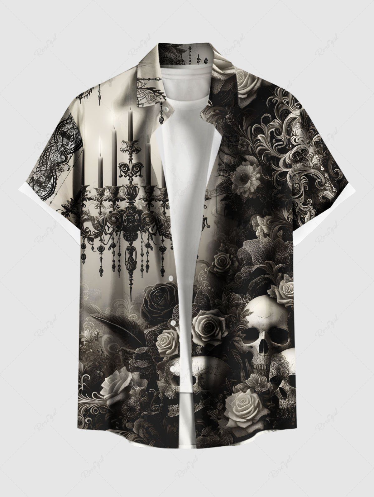 Buy Plus Size Distressed Skull Rose Flower Chandelier Print Ombre Button Pocket Shirt For Men  