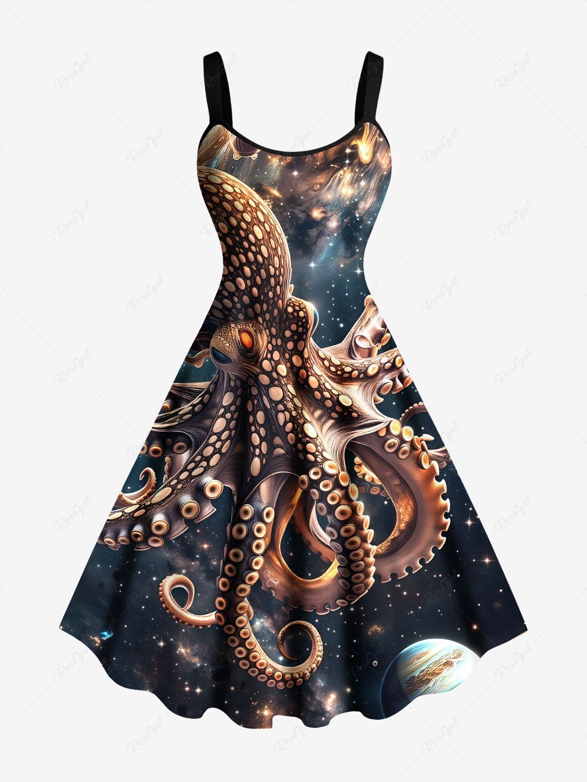 Robe débardeur trapèze hawaïenne grande taille à imprimé poulpe, planète et galaxie Bleu profond 6X