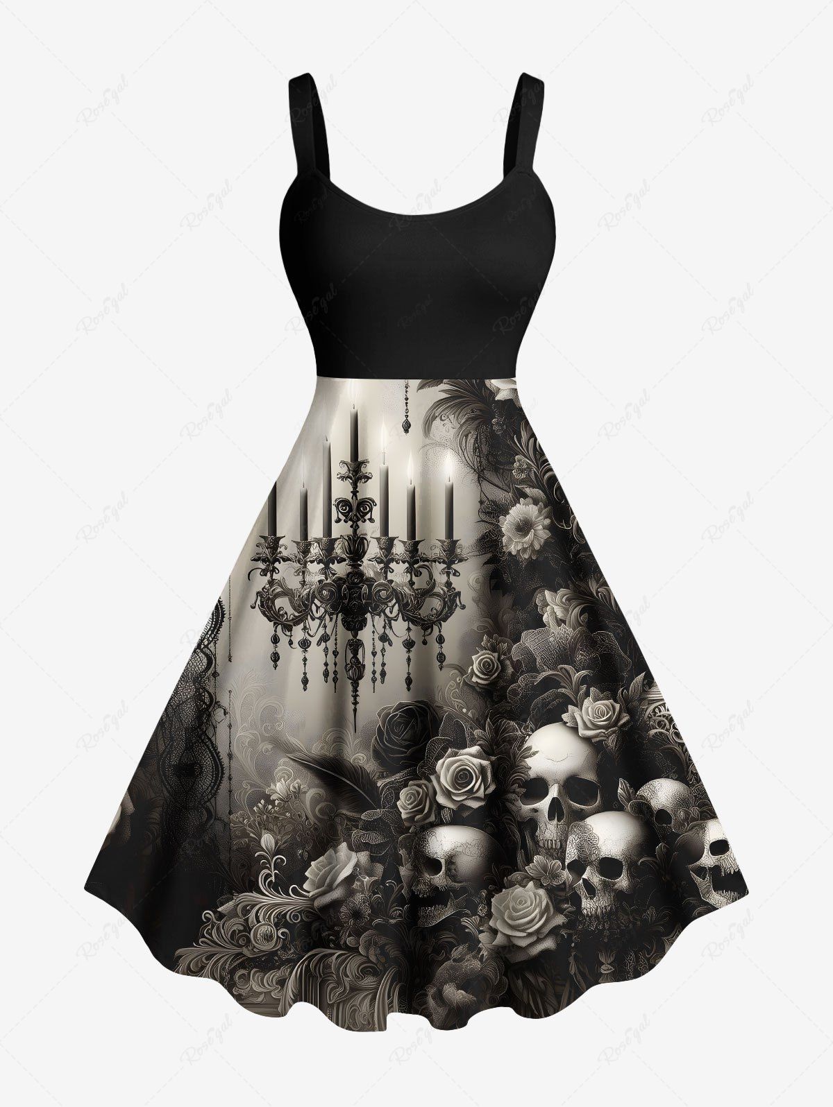 Affordable Plus Size Distressed Skull Rose Flower Chandelier Print Ombre A Line Tank Dress  