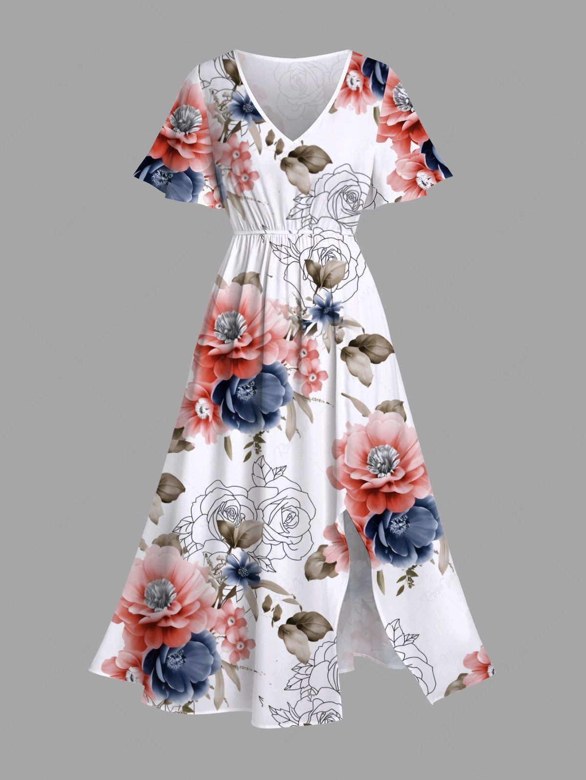 Online Plus Size Two Tone Flower Leaves Print Hawaii Split Pocket A Line Midi Dress  