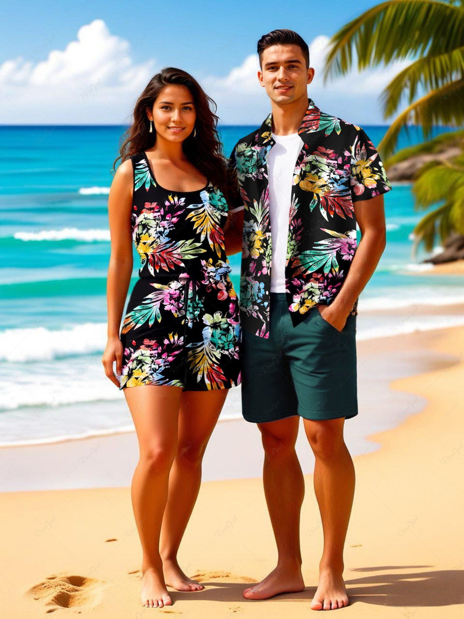 Ensemble chemise et barboteuse hawaïennes assorties, grande taille, tenue de plage, imprimé feuilles tropicales colorées, pour couples Noir 