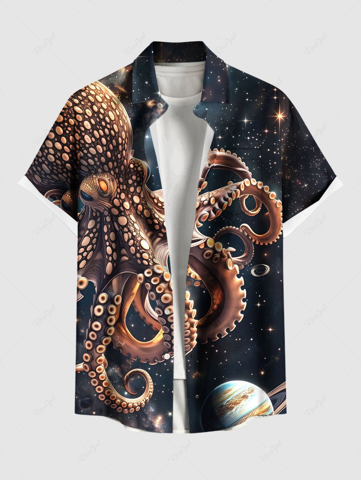 Store Plus Size Octopus Planet Galaxy Print Hawaii Button Pocket Shirt For Men  