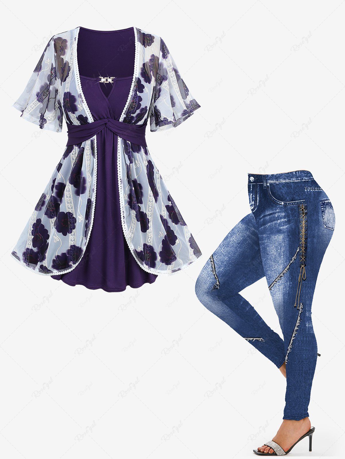 Ensemble 2 en 1 haut en maille jacquard brodé et leggings à lacets en denim 3D, grande taille Pourpre  