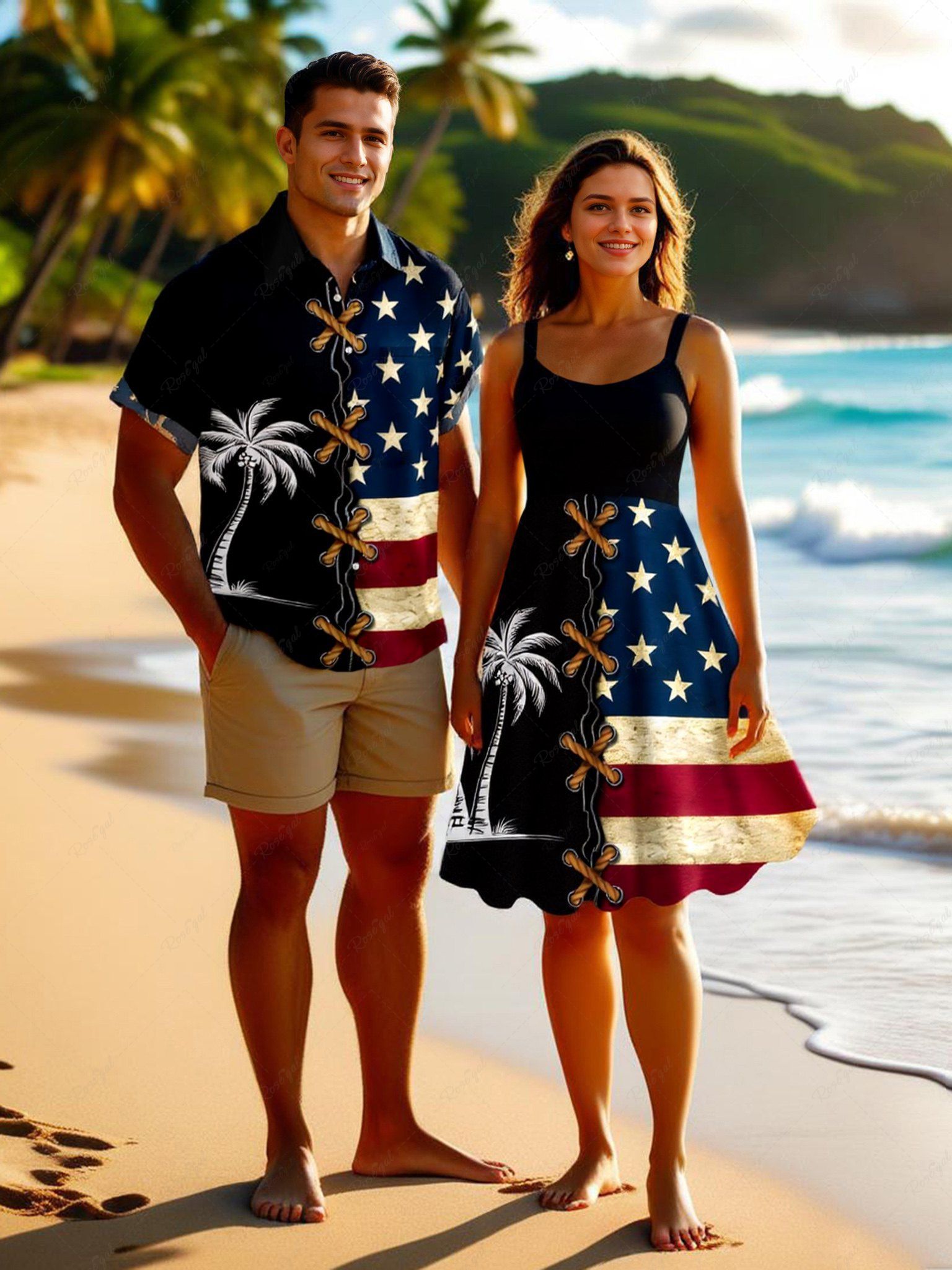 Best Patriotic American Flag Coconut Tree Lace Up 3D Print Plus Size Matching Outfit For Couples  